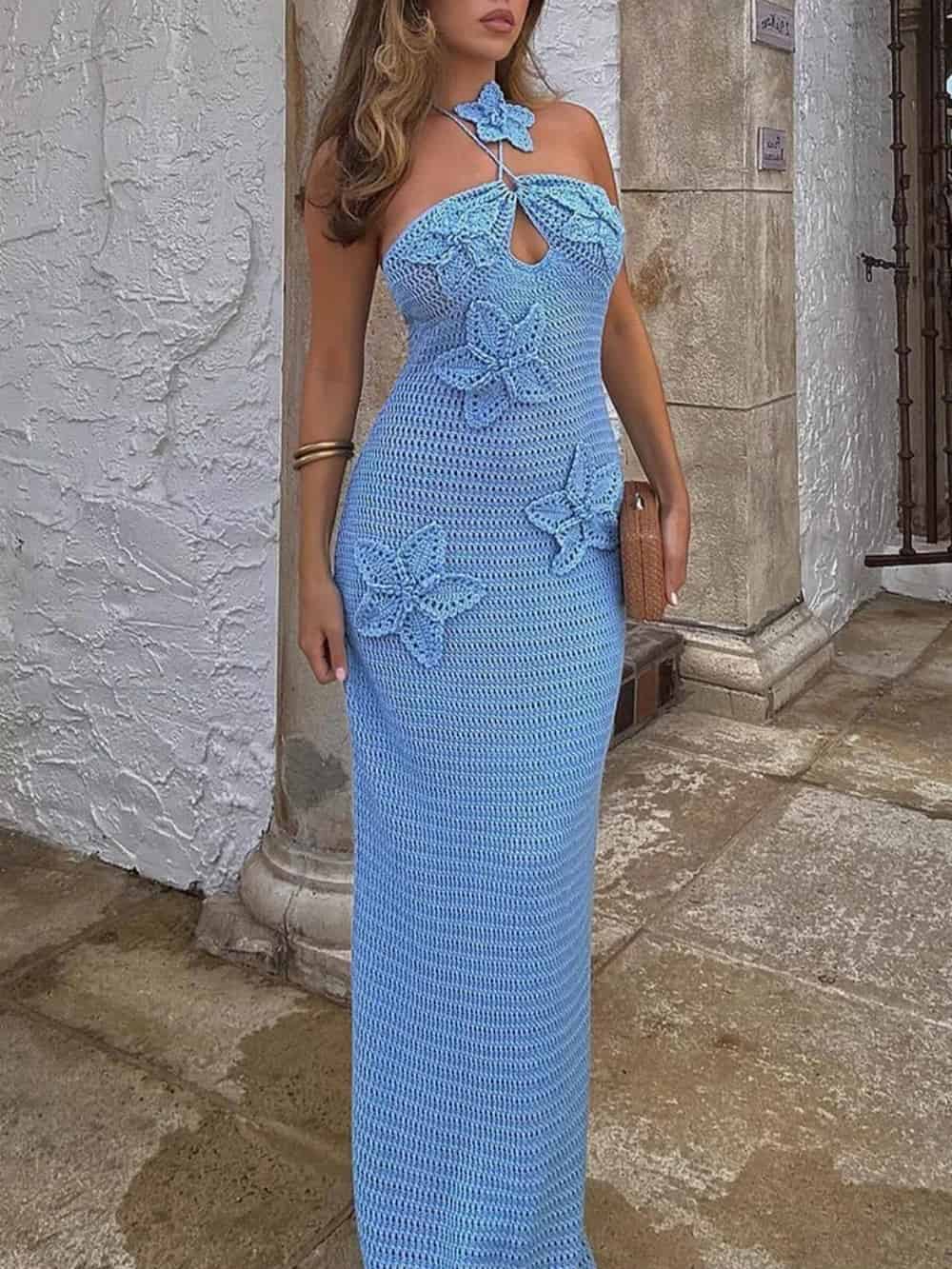 3D Flower Decor Halter Neck Bodycon Crochet Maxi Dresses