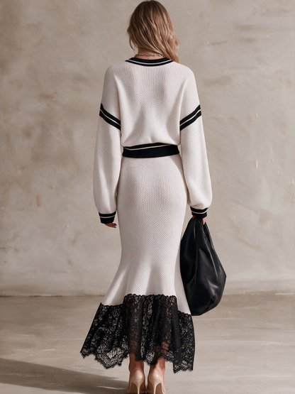 Women's Stripe Trim Knit Top & Lace‑Hem Mermaid Midi Skirt Two‑Piece Set