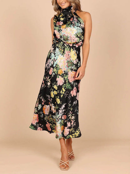 Halter Neck Floral Elastic Waist Maxi Dress