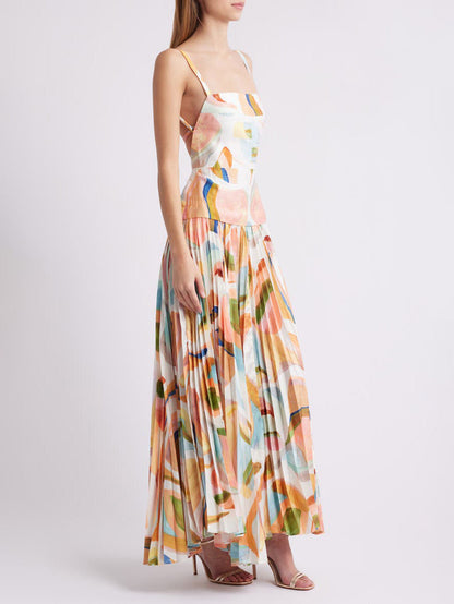 Unique Abstract Print Open Back Pleated Maxi Dress