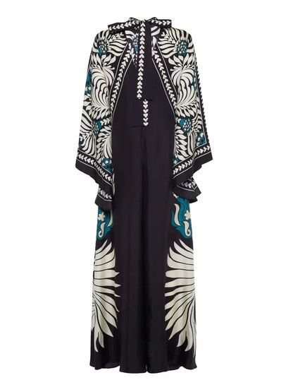 Elegance Floral Print Waterfall Sleeves Maxi Dress
