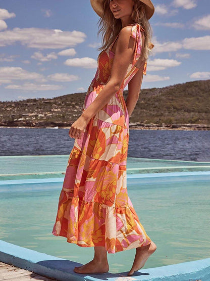 Sleeveless Sea Charm Pleated Stretch Chest Print Cami Dress