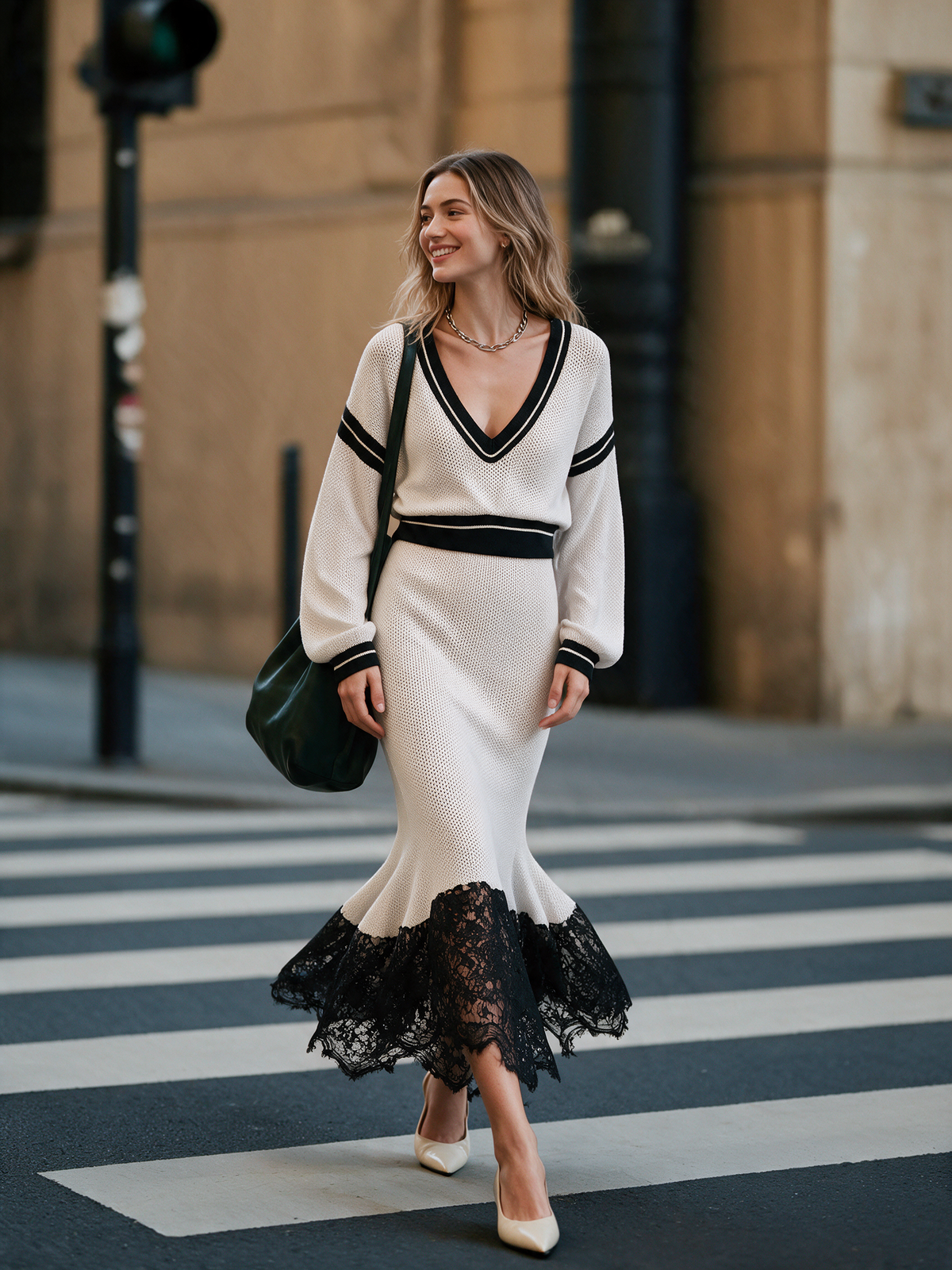 Women's Stripe Trim Knit Top & Lace‑Hem Mermaid Midi Skirt Two‑Piece Set