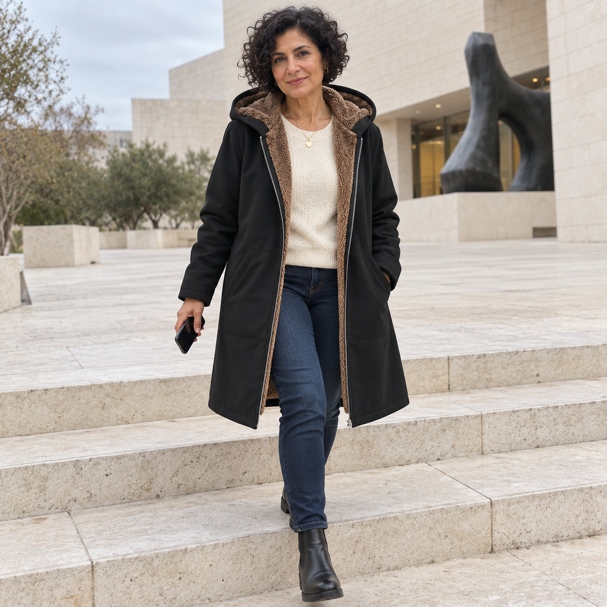 Warm hooded coat with soft sherpa lining