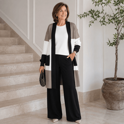 3-piece knit set with top, wide pants and long cardigan