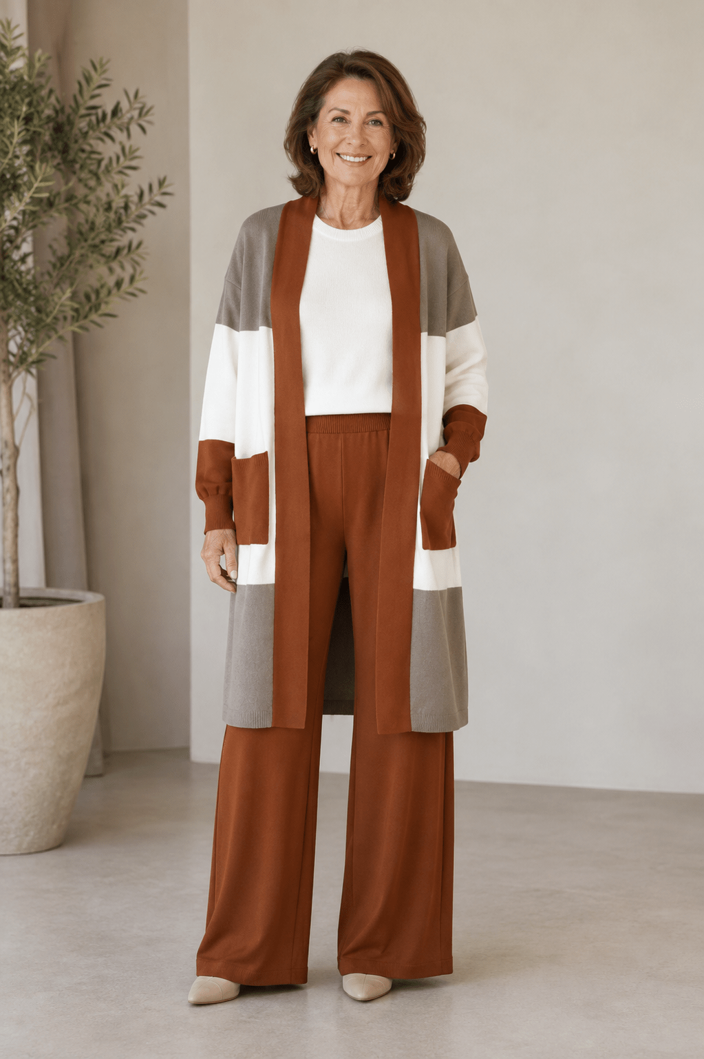 3-piece knit set with top, wide pants and long cardigan