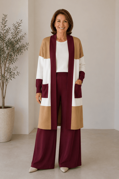 3-piece knit set with top, wide pants and long cardigan