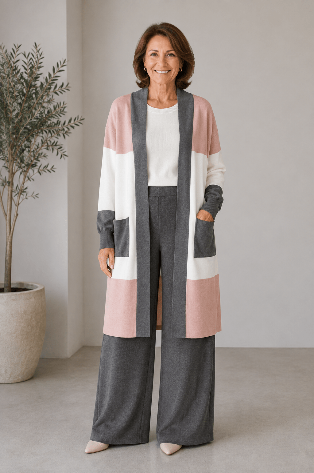3-piece knit set with top, wide pants and long cardigan