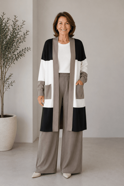 3-piece knit set with top, wide pants and long cardigan
