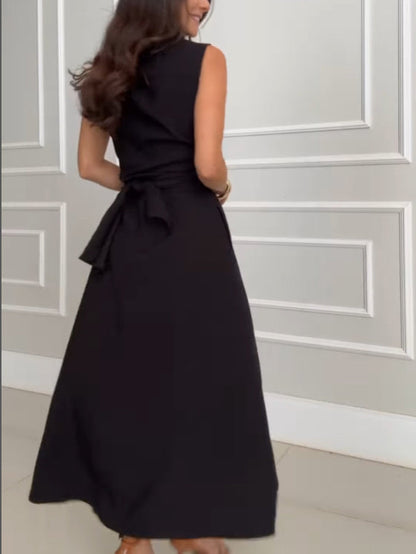 Unique Shirt Style Single-breasted Tie Midi Dress