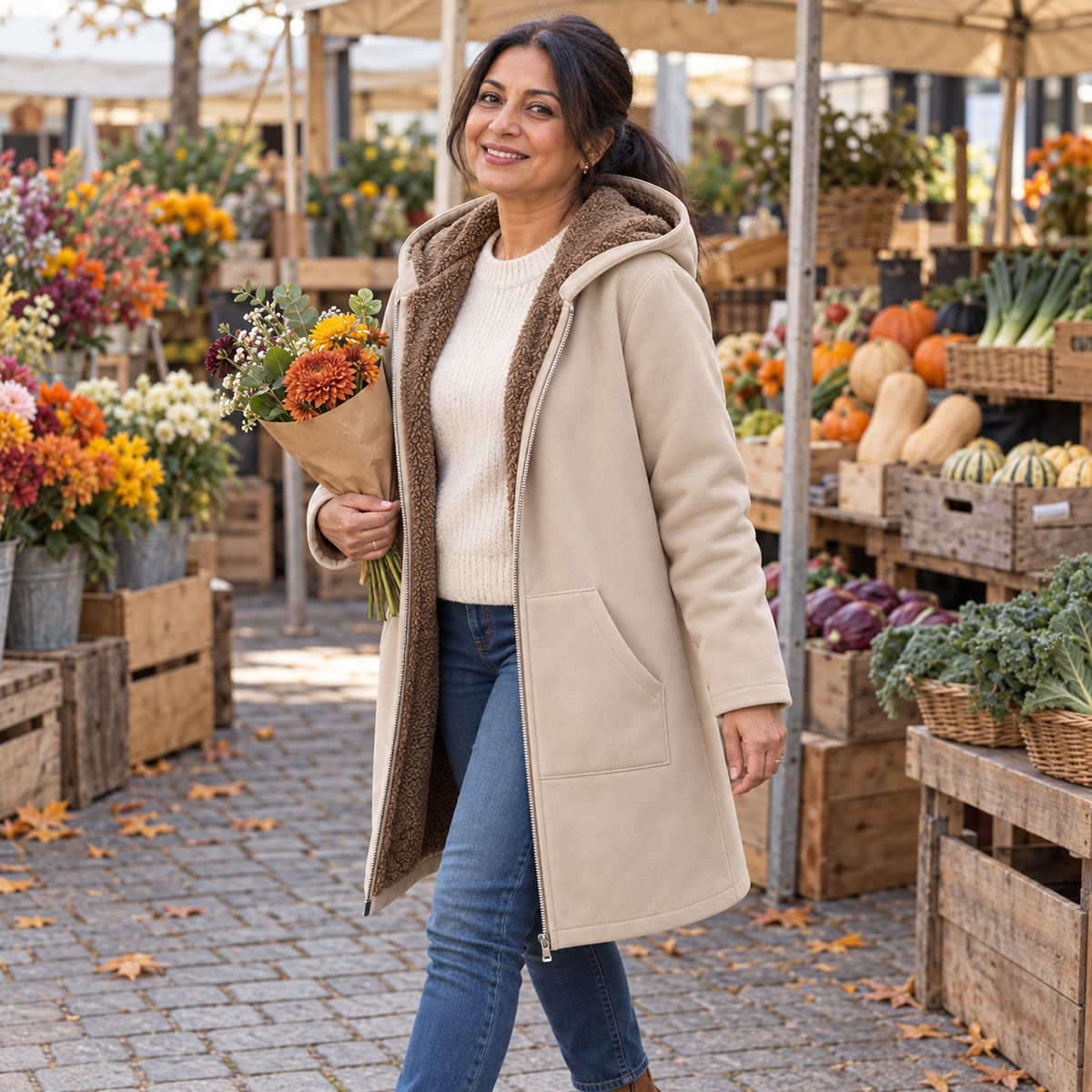 Warm hooded coat with soft sherpa lining