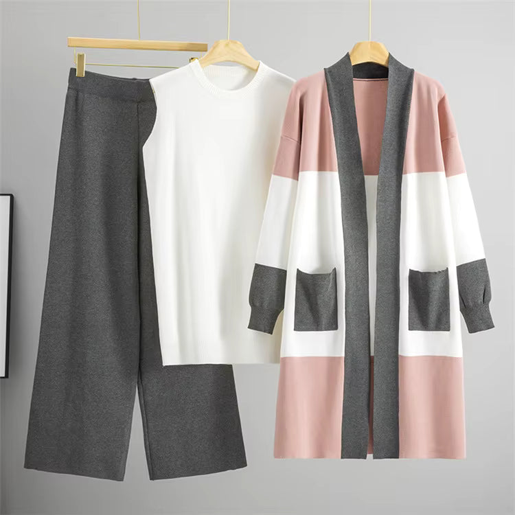 3-piece knit set with top, wide pants and long cardigan