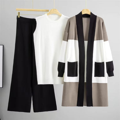3-piece knit set with top, wide pants and long cardigan