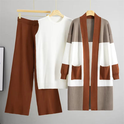 3-piece knit set with top, wide pants and long cardigan