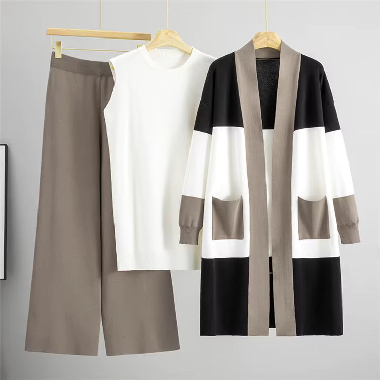 3-piece knit set with top, wide pants and long cardigan