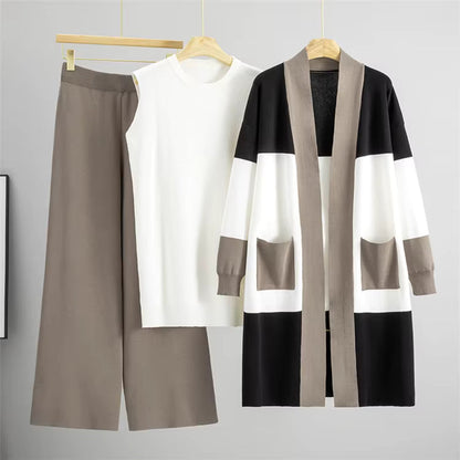 3-piece knit set with top, wide pants and long cardigan