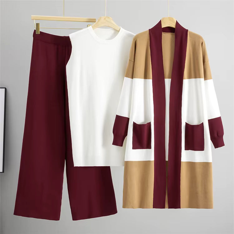 3-piece knit set with top, wide pants and long cardigan