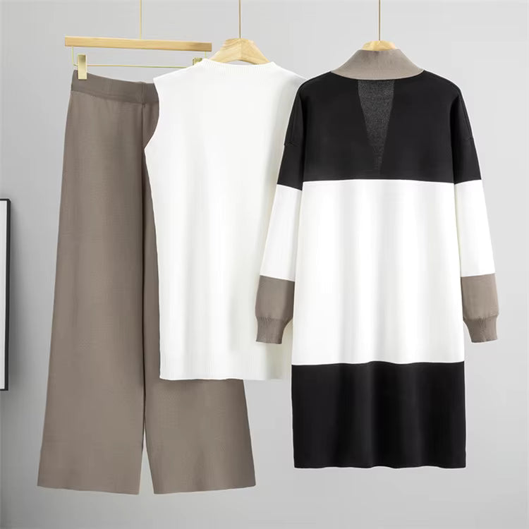 3-piece knit set with top, wide pants and long cardigan