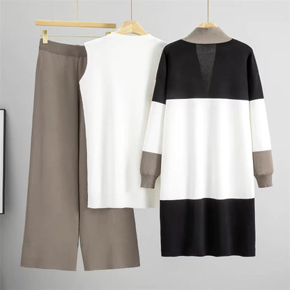 3-piece knit set with top, wide pants and long cardigan